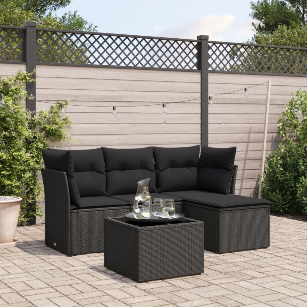 vidaXL Loungegrupp för trädgården med dynor 5 delar svart konstrotting