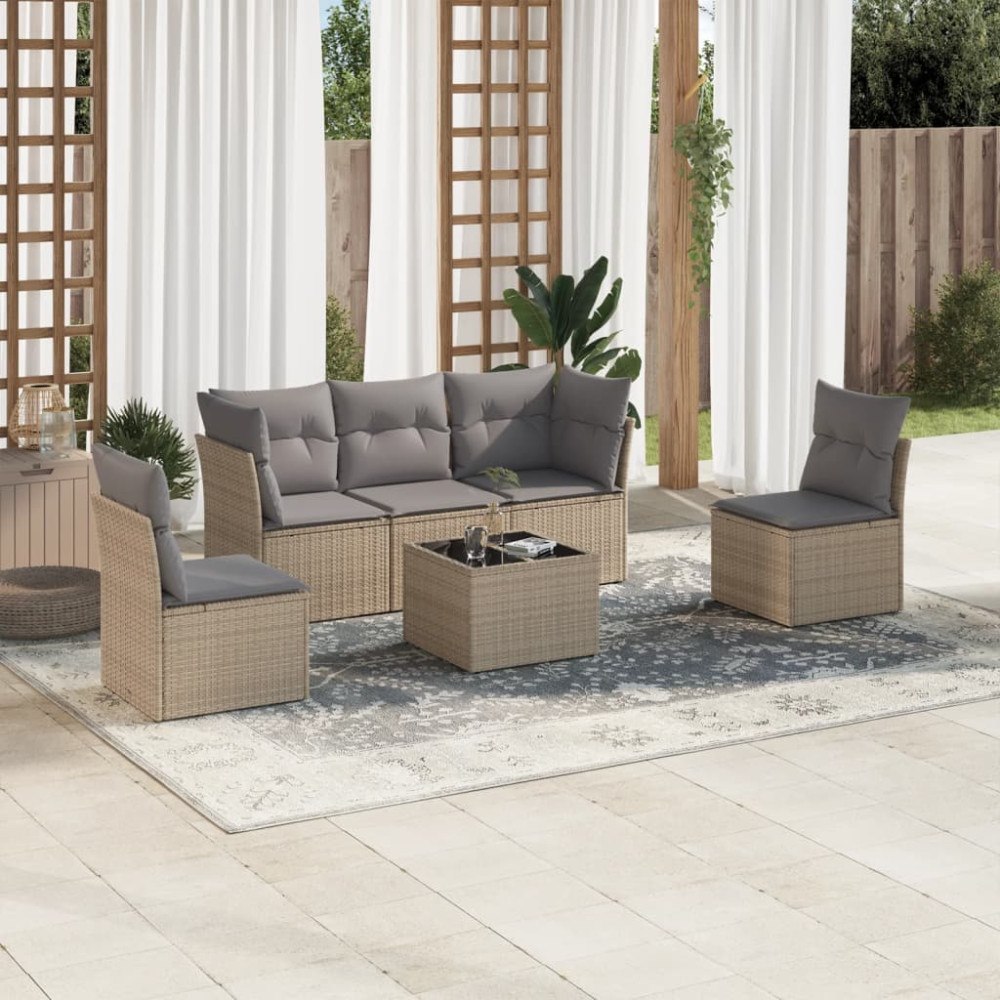 vidaXL Soffgrupp för trädgården med dynor 6 delar beige konstrotting