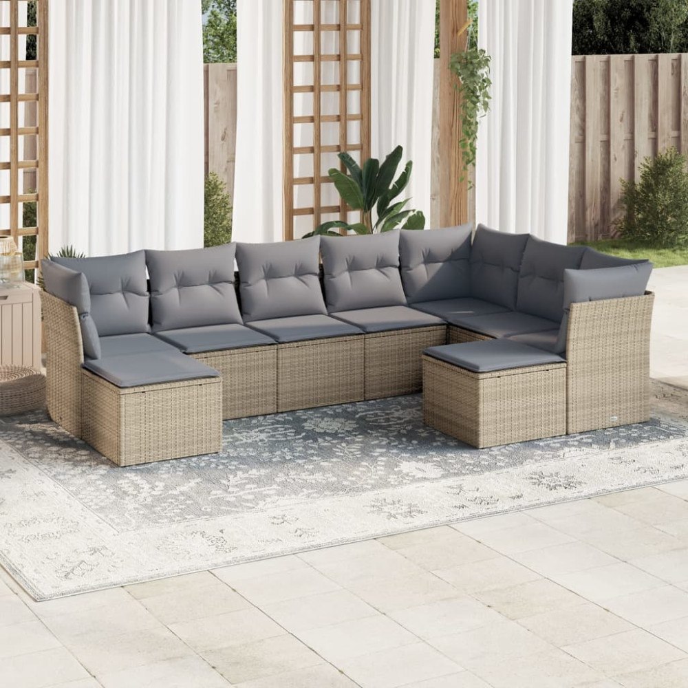 vidaXL Soffgrupp för trädgården med dynor 9 delar beige konstrotting