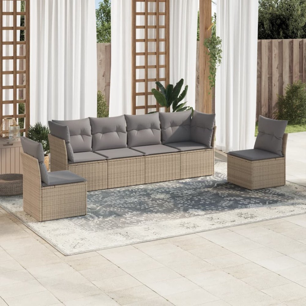 vidaXL Soffgrupp för trädgården med dynor 6 delar beige konstrotting