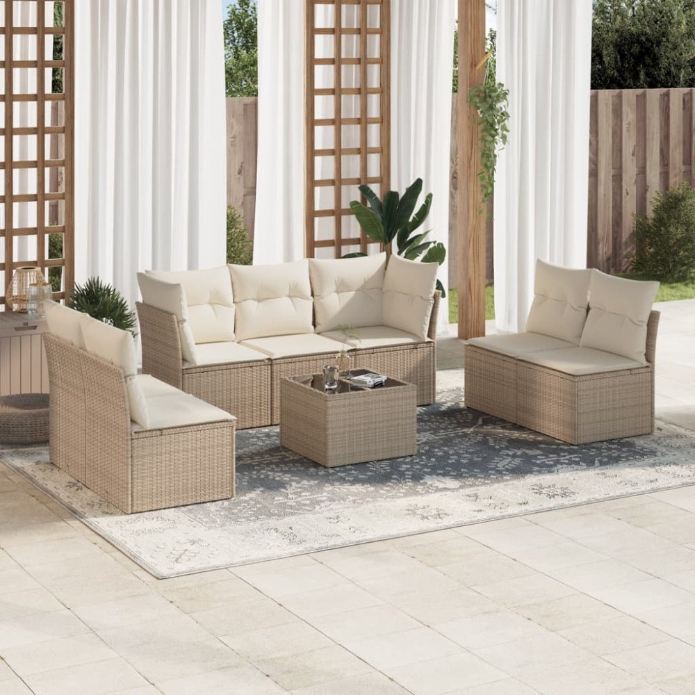 vidaXL Matgrupp för trädgården med dynor 8 delar beige konstrotting