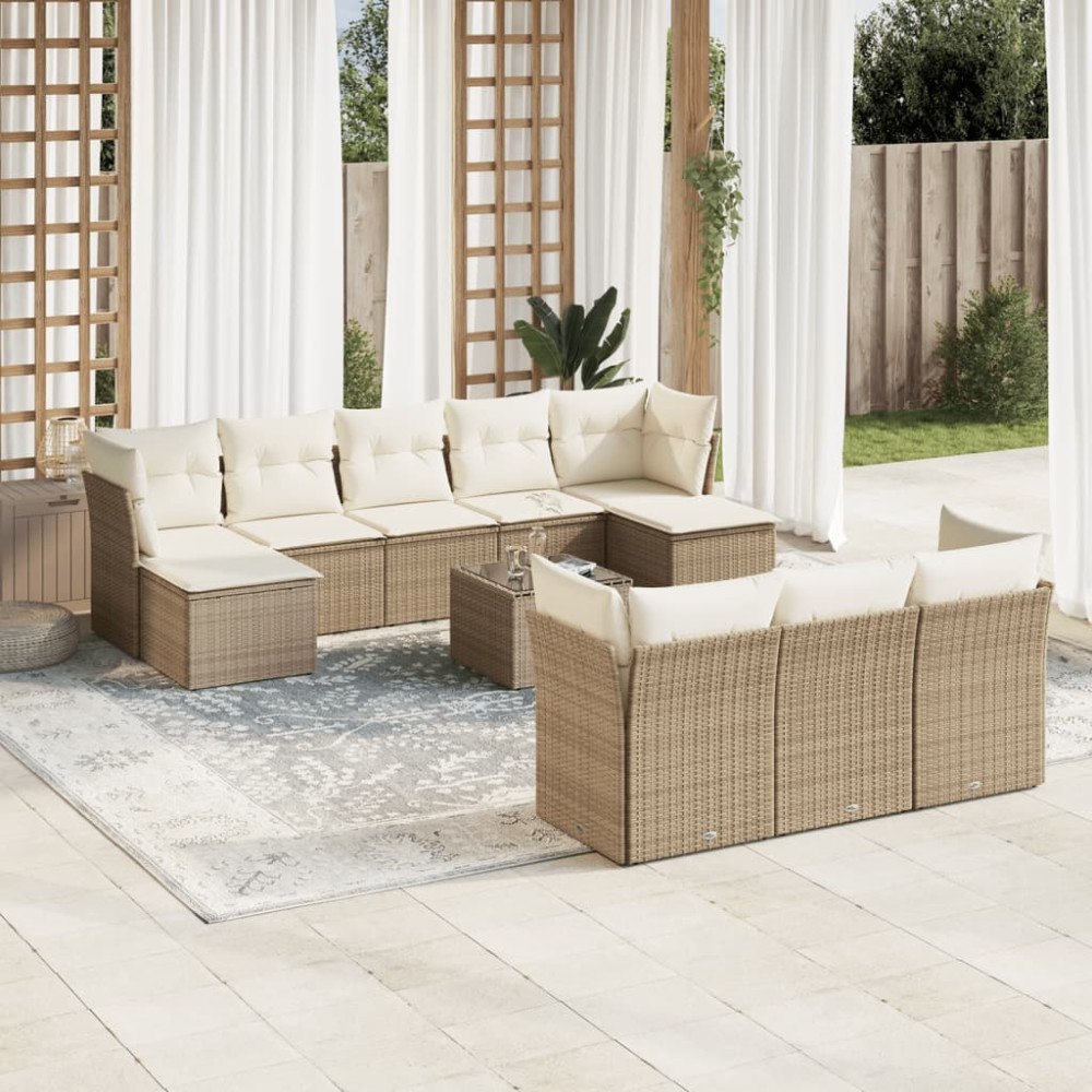 vidaXL Soffgrupp för trädgård med dynor 10 delar beige konstrotting