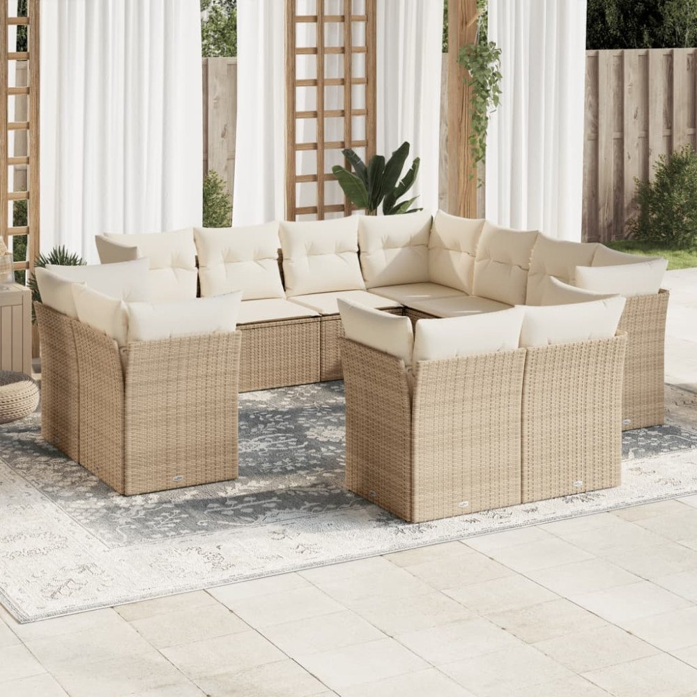 vidaXL Loungegrupp för trädgården m. dynor 11 delar beige konstrotting