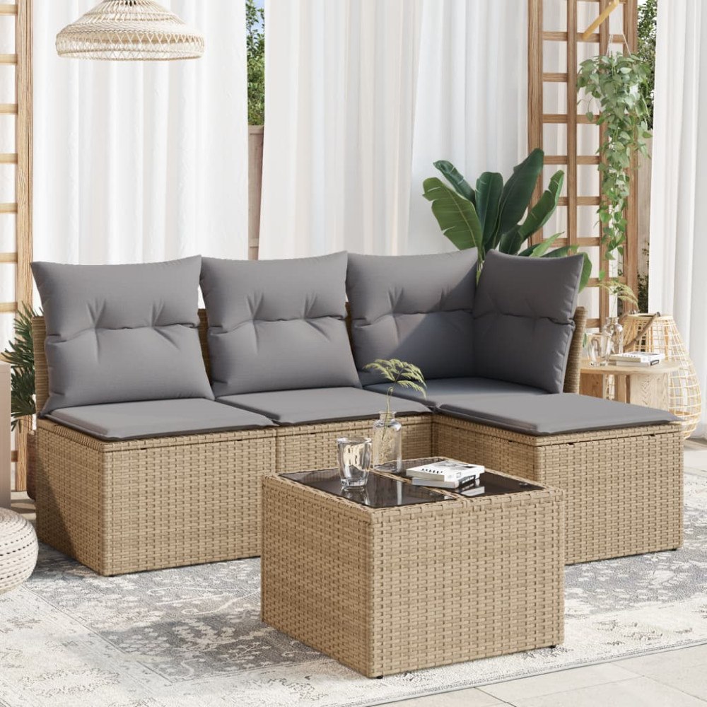 vidaXL Soffgrupp för trädgården med dynor 5 delar beige konstrotting