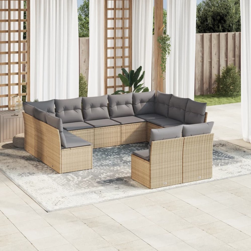 vidaXL Loungegrupp för trädgården m. dynor 11 delar beige konstrotting
