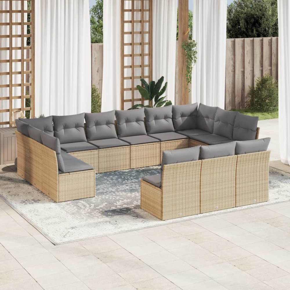 vidaXL Soffgrupp för trädgården med dynor 13 delar beige konstrotting