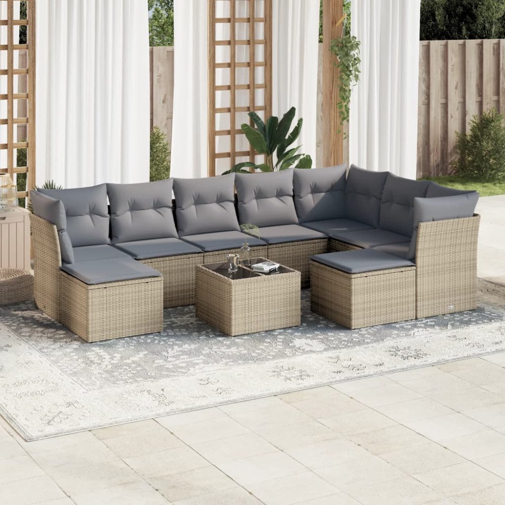 vidaXL Soffgrupp för trädgård med dynor 10 delar beige konstrotting