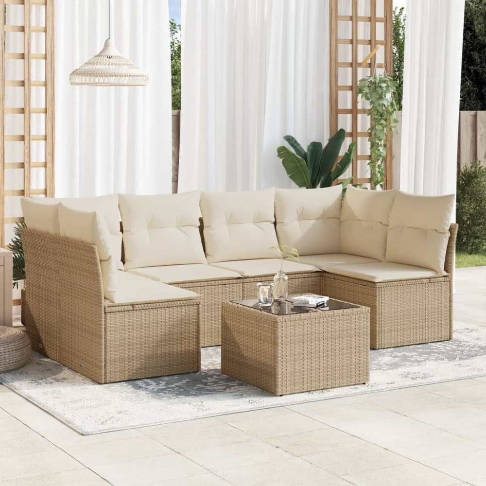 vidaXL Matgrupp för trädgården med dynor 7 delar beige konstrotting