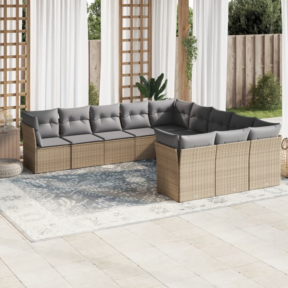 vidaXL Loungegrupp för trädgården m. dynor 11 delar beige konstrotting