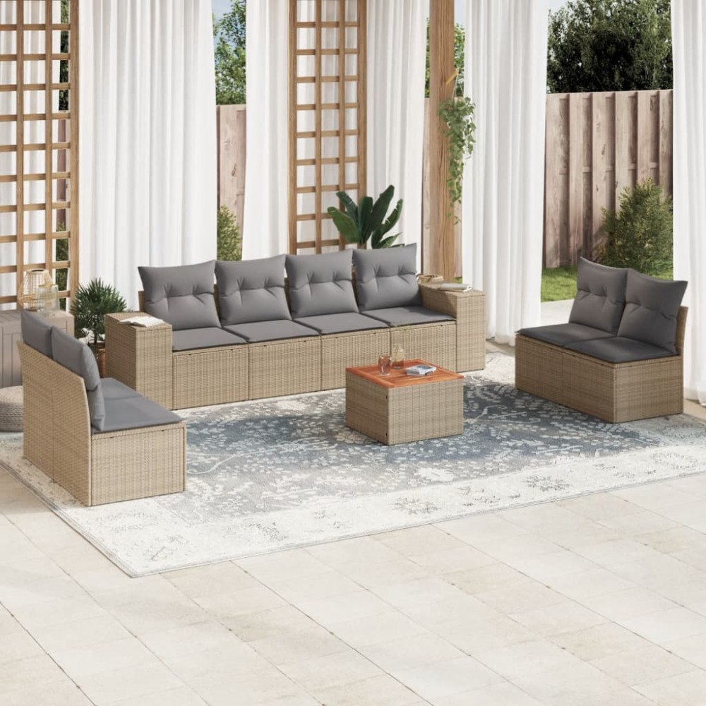 vidaXL Soffgrupp för trädgården med dynor 9 delar beige konstrotting