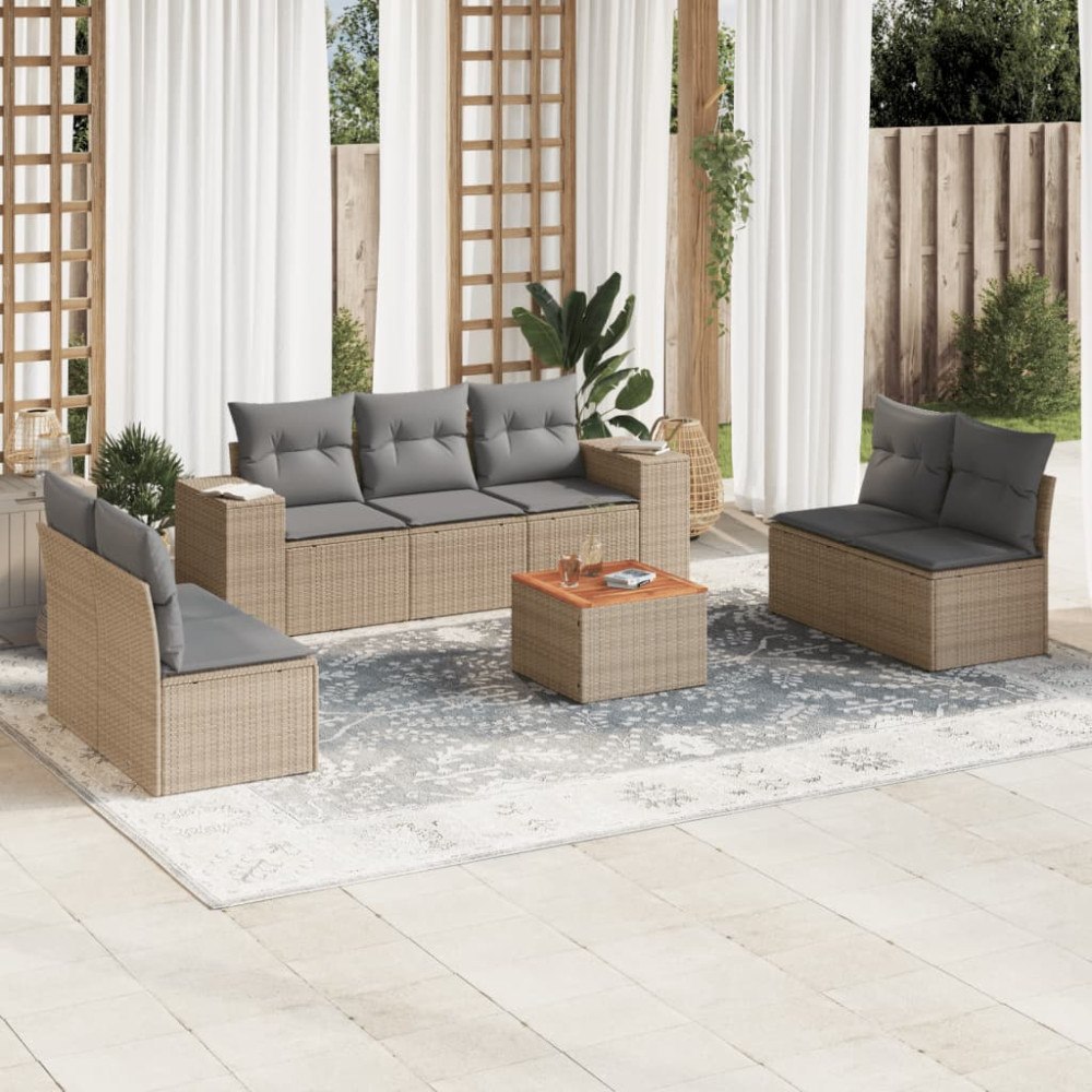 vidaXL Matgrupp för trädgården med dynor 8 delar beige konstrotting