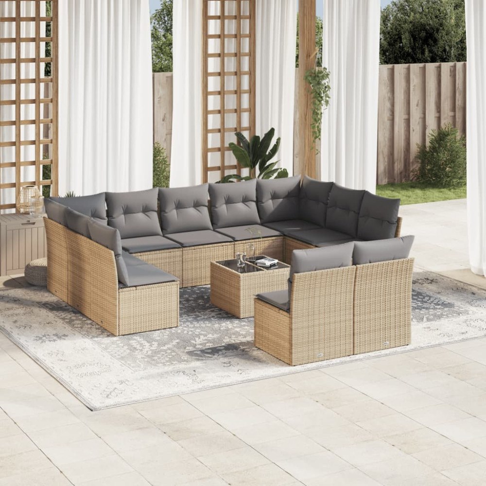 vidaXL Soffgrupp för trädgården 12 delar med dynor beige konstrotting