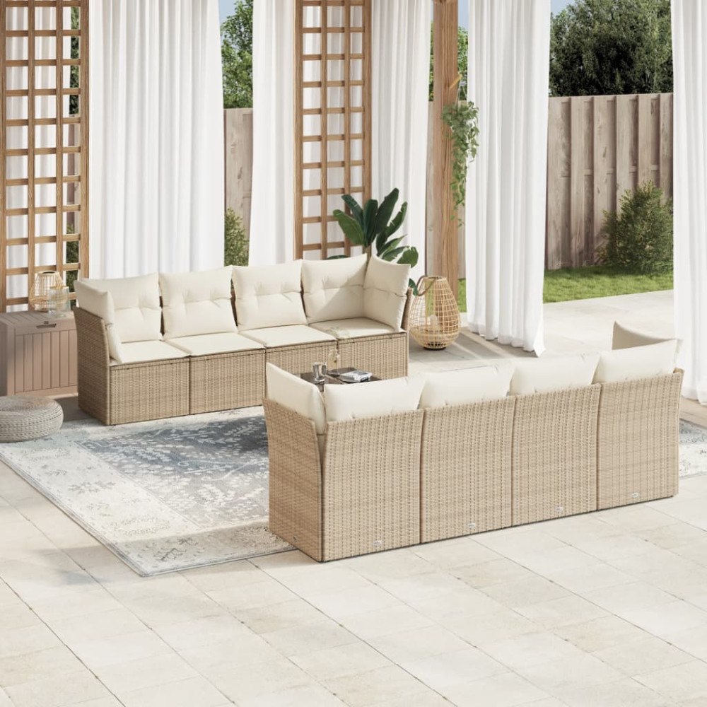 vidaXL Soffgrupp för trädgården med dynor 9 delar beige konstrotting