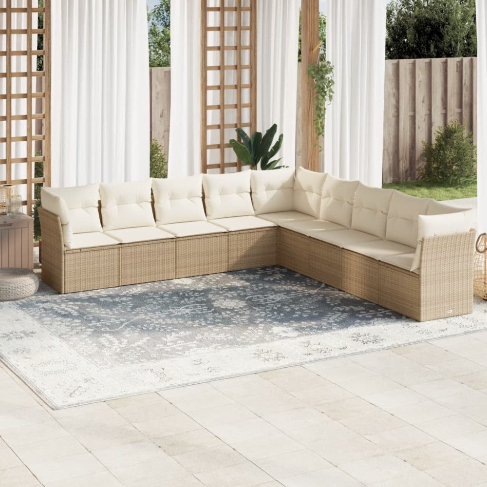 vidaXL Soffgrupp för trädgården med dynor 9 delar beige konstrotting