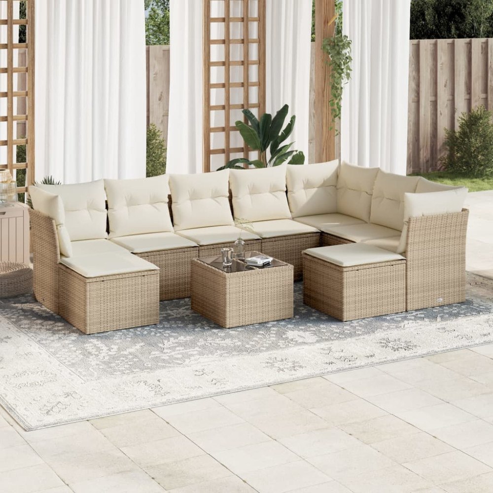 vidaXL Soffgrupp för trädgård med dynor 10 delar beige konstrotting