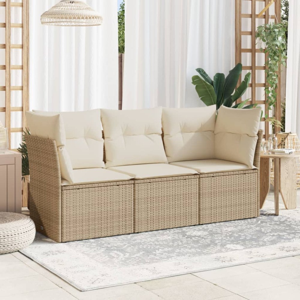 vidaXL Soffgrupp för trädgården 3 delar med dynor beige konstrotting