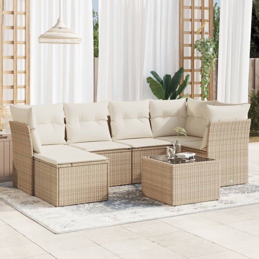 vidaXL Matgrupp för trädgården med dynor 7 delar beige konstrotting