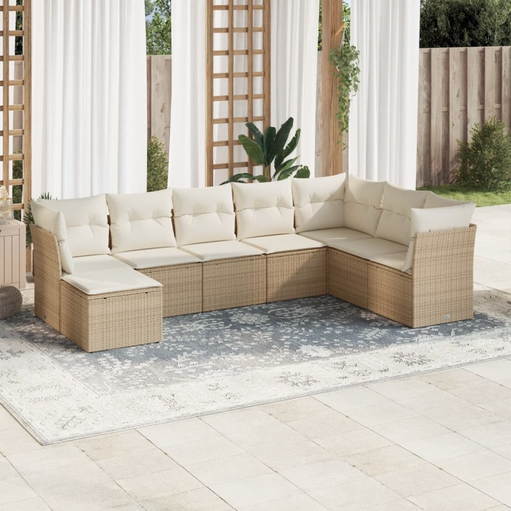 vidaXL Matgrupp för trädgården med dynor 8 delar beige konstrotting