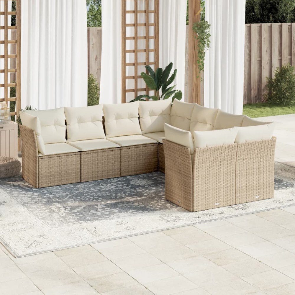 vidaXL Matgrupp för trädgården med dynor 8 delar beige konstrotting