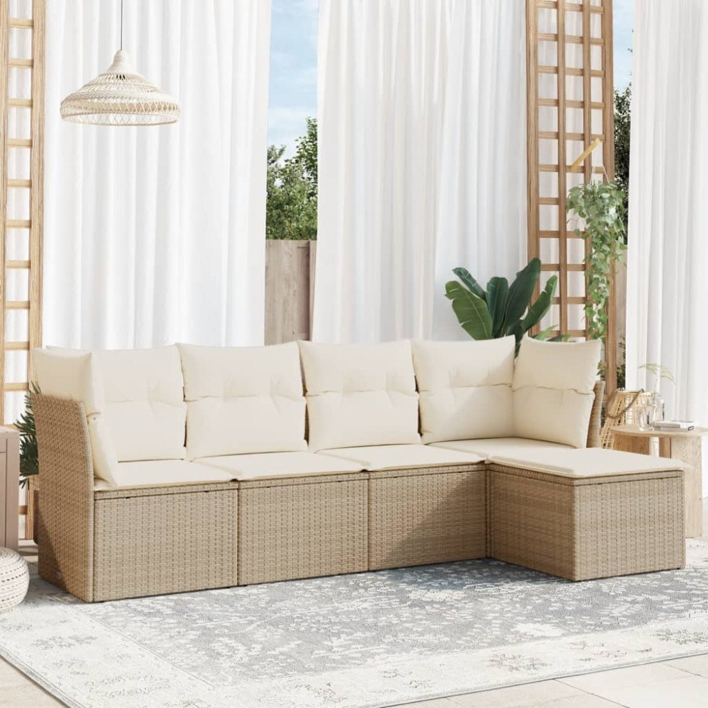 vidaXL Soffgrupp för trädgården med dynor 5 delar beige konstrotting