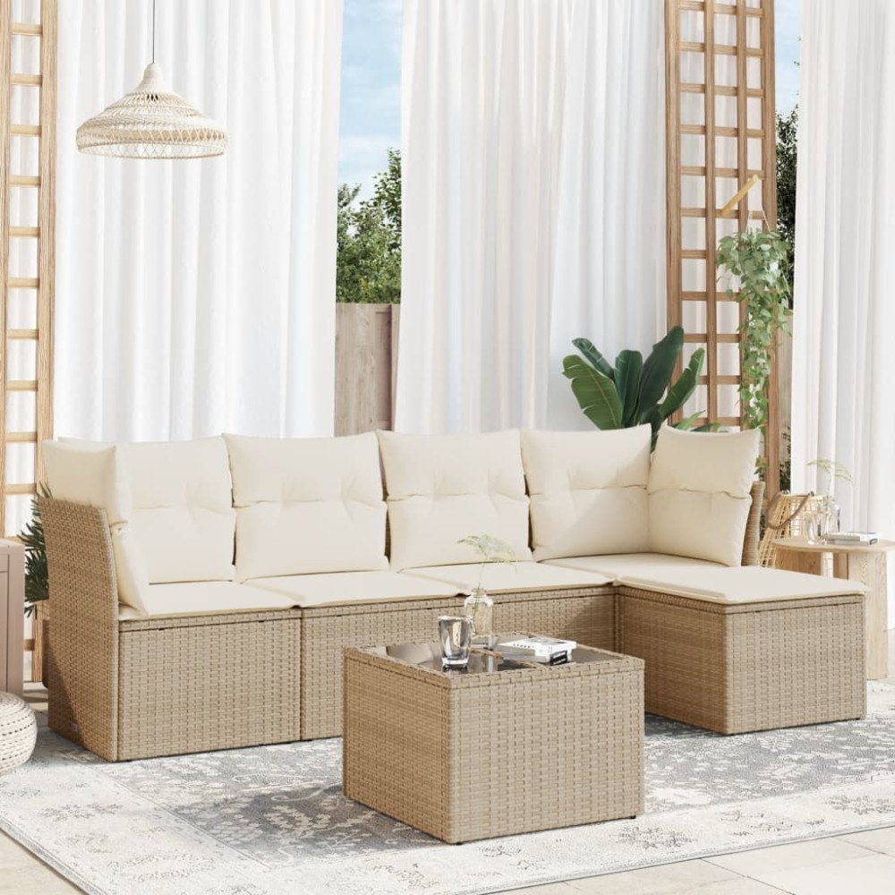 vidaXL Soffgrupp för trädgården med dynor 6 delar beige konstrotting