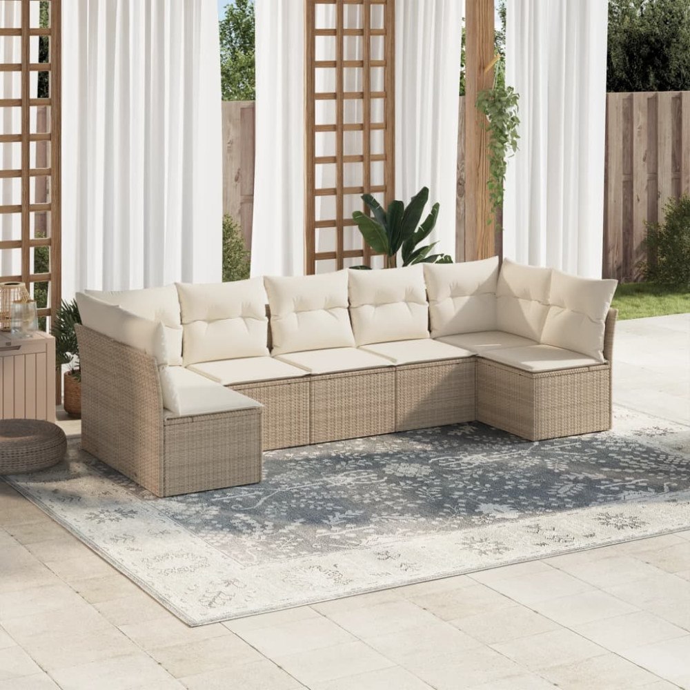 vidaXL Matgrupp för trädgården med dynor 7 delar beige konstrotting