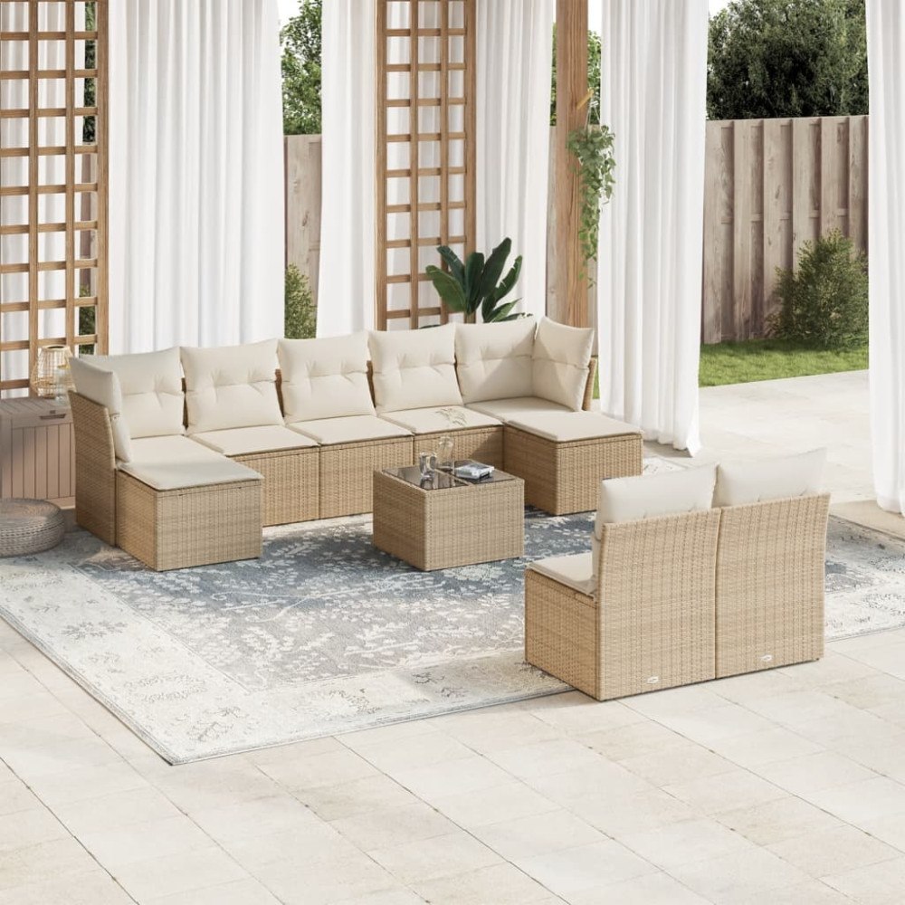 vidaXL Soffgrupp för trädgård med dynor 10 delar beige konstrotting