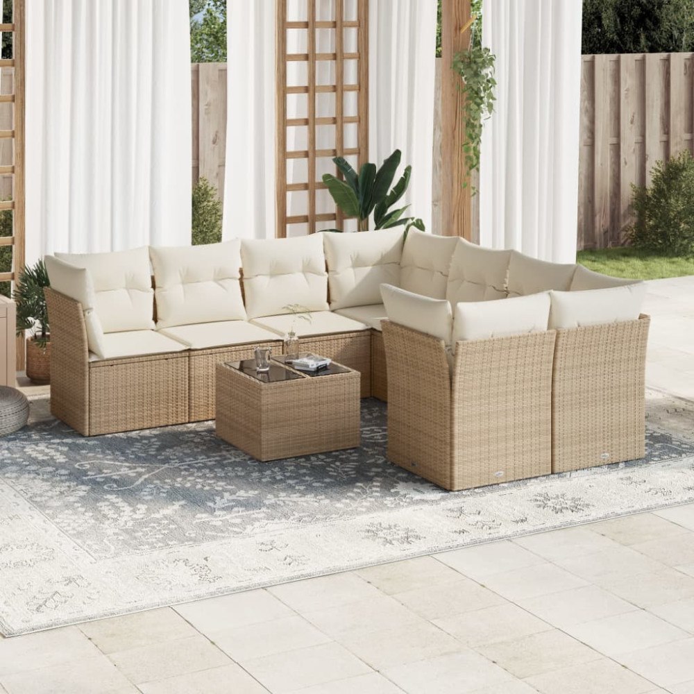 vidaXL Soffgrupp för trädgården med dynor 9 delar beige konstrotting