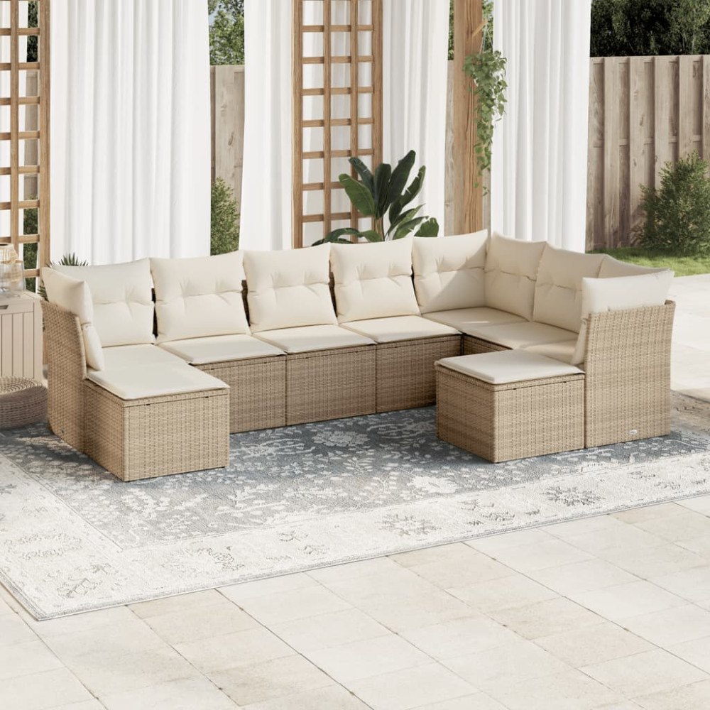 vidaXL Soffgrupp för trädgården med dynor 9 delar beige konstrotting