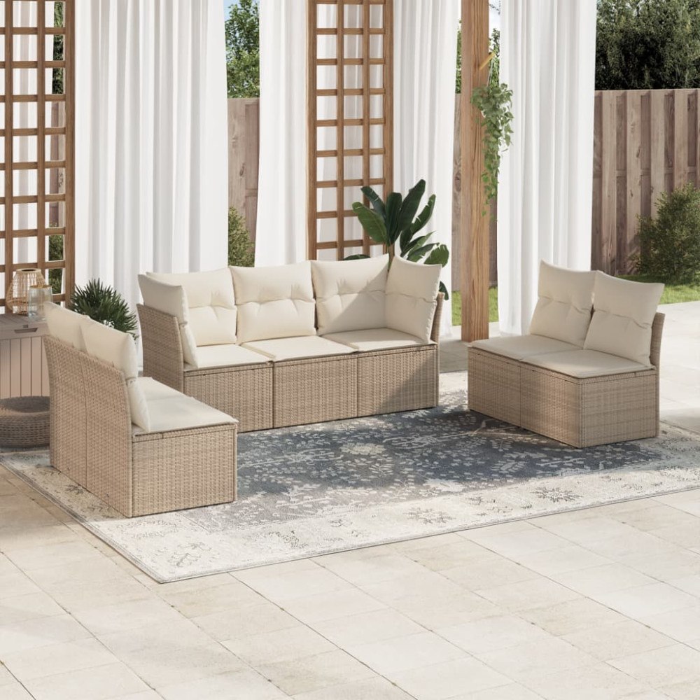 vidaXL Matgrupp för trädgården med dynor 7 delar beige konstrotting