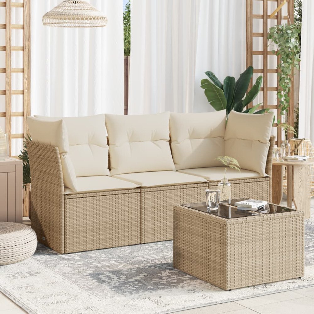 vidaXL Soffgrupp för trädgård med dynor 4 delar beige konstrotting