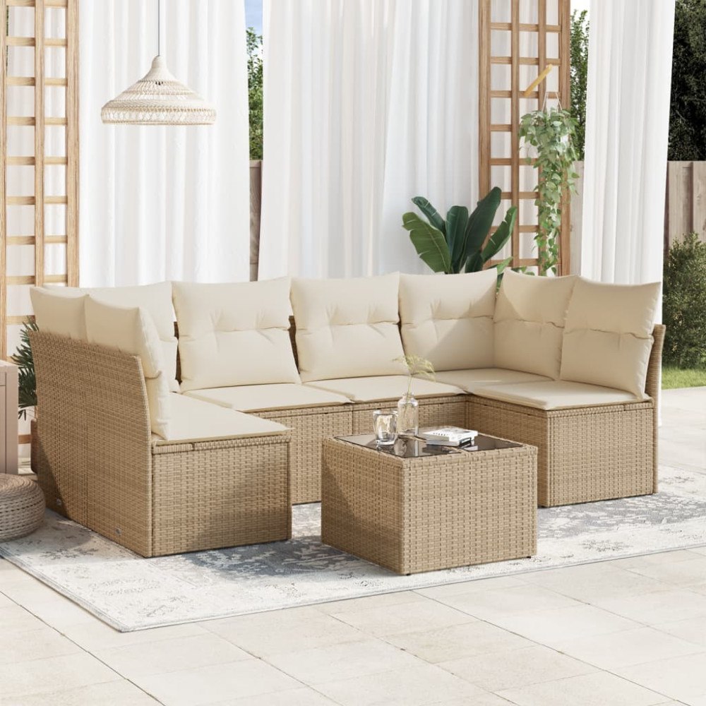 vidaXL Matgrupp för trädgården med dynor 7 delar beige konstrotting