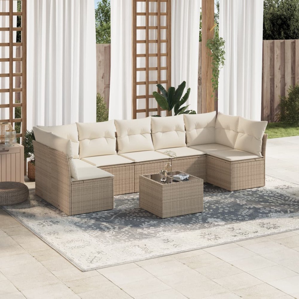vidaXL Matgrupp för trädgården med dynor 8 delar beige konstrotting