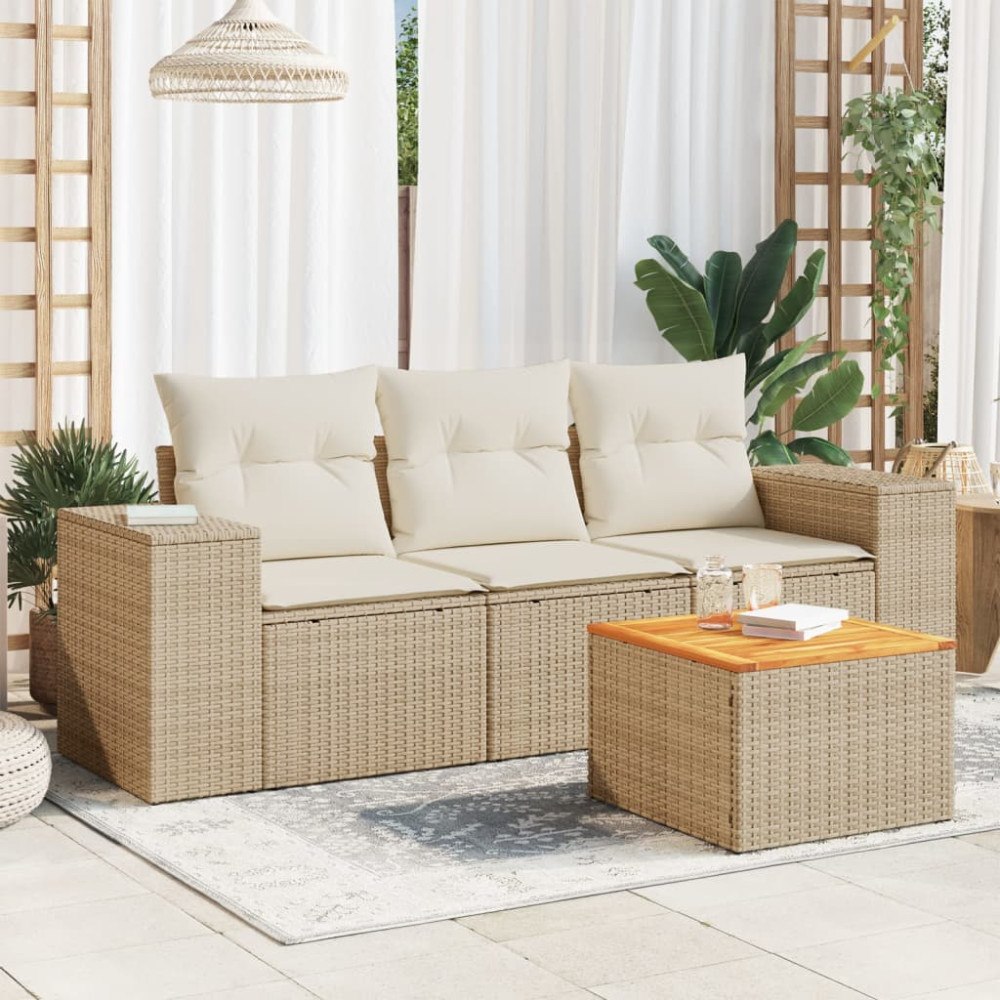 vidaXL Soffgrupp för trädgård med dynor 4 delar beige konstrotting