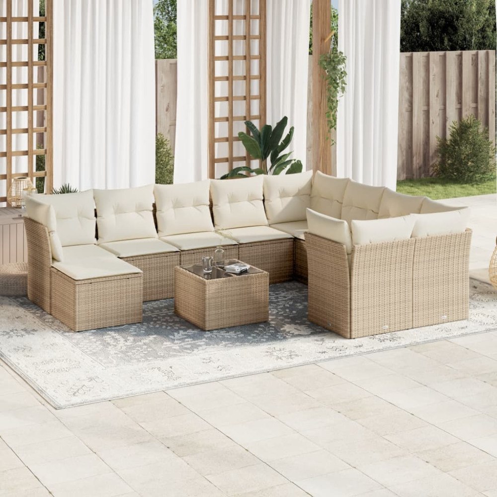 vidaXL Loungegrupp för trädgården m. dynor 11 delar beige konstrotting