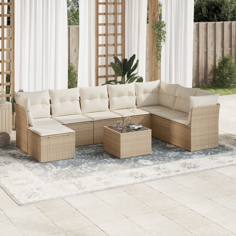 vidaXL Soffgrupp för trädgården med dynor 9 delar beige konstrotting