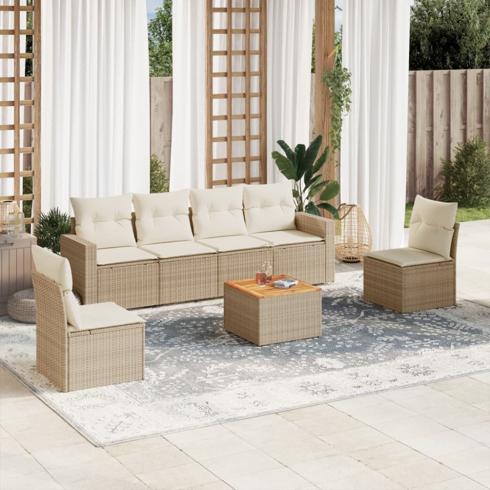 vidaXL Matgrupp för trädgården med dynor 7 delar beige konstrotting