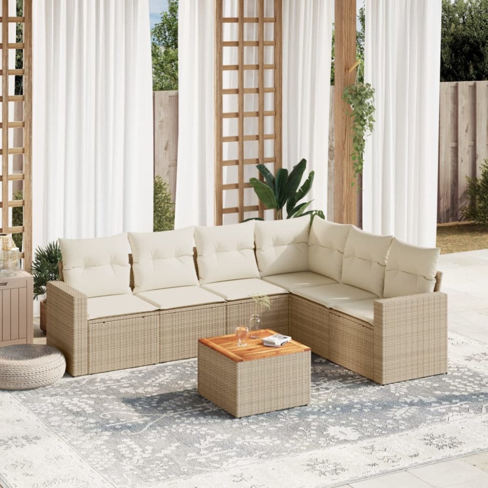vidaXL Matgrupp för trädgården med dynor 7 delar beige konstrotting