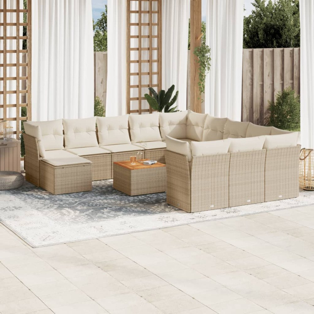 vidaXL Soffgrupp för trädgården med dynor 13 delar beige konstrotting