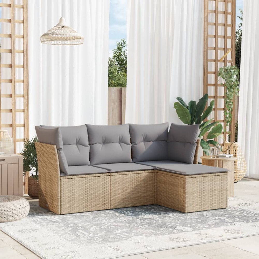 vidaXL Soffgrupp för trädgård med dynor 4 delar beige konstrotting