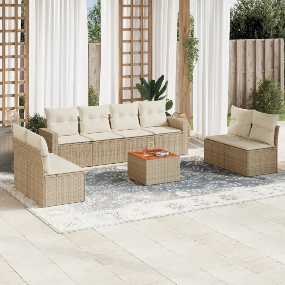 vidaXL Soffgrupp för trädgården med dynor 9 delar beige konstrotting