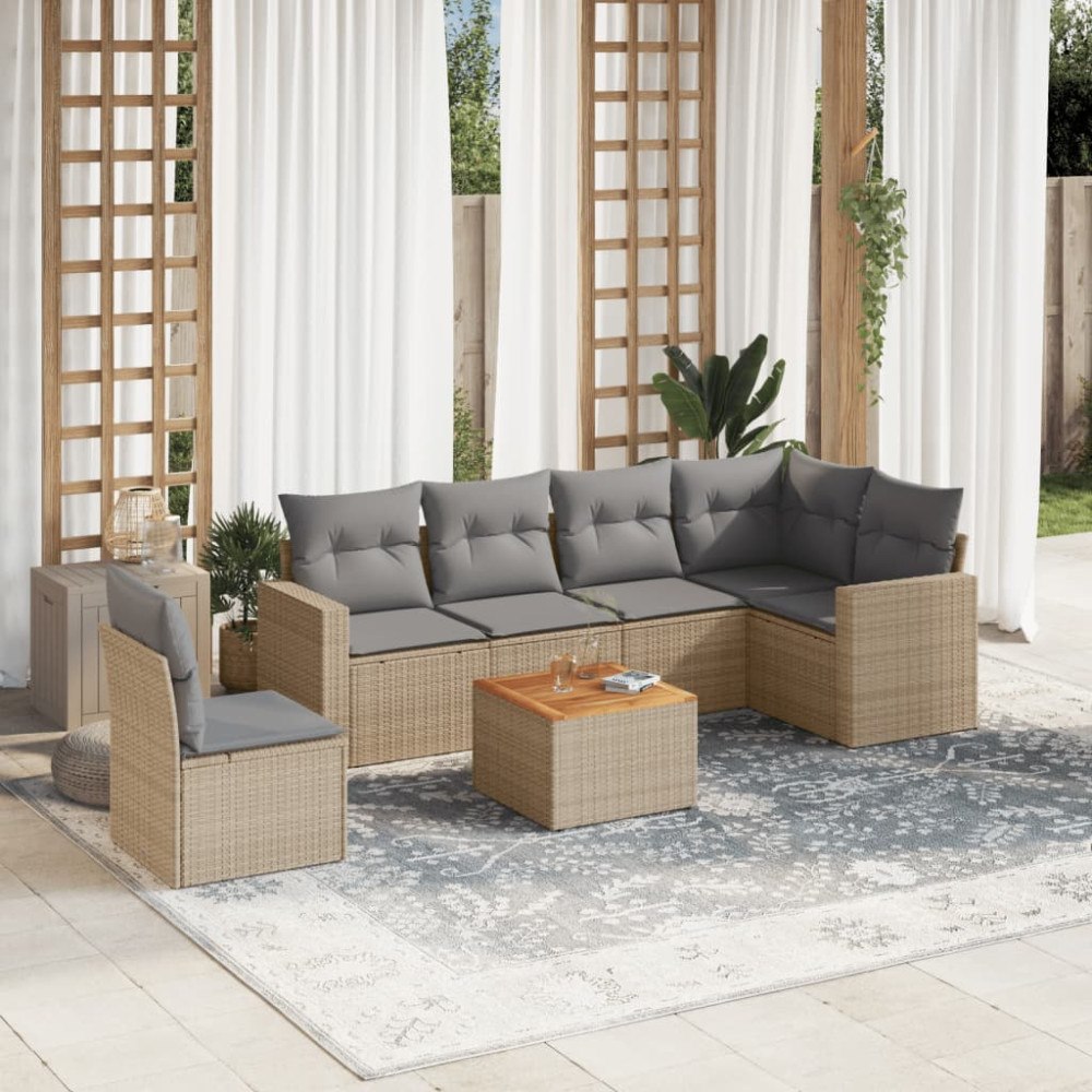vidaXL Matgrupp för trädgården med dynor 7 delar beige konstrotting