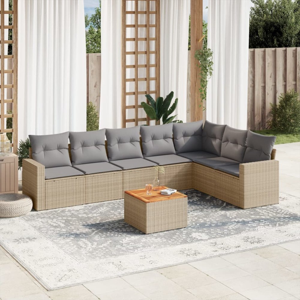vidaXL Matgrupp för trädgården med dynor 8 delar beige konstrotting