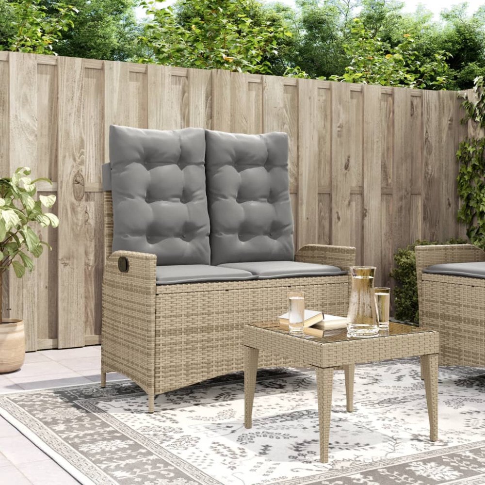 vidaXL Justerbar trädgårdsbänk med dynor beige konstrotting