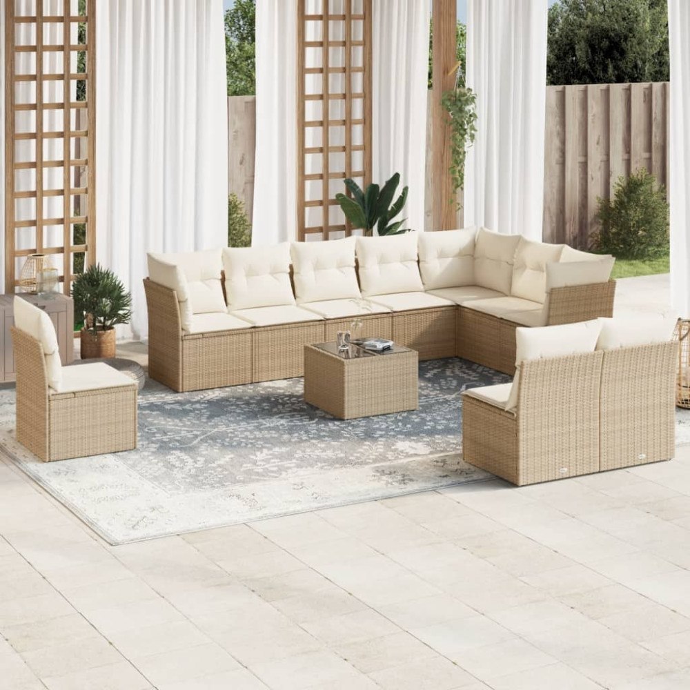 vidaXL Loungegrupp för trädgården m. dynor 11 delar beige konstrotting