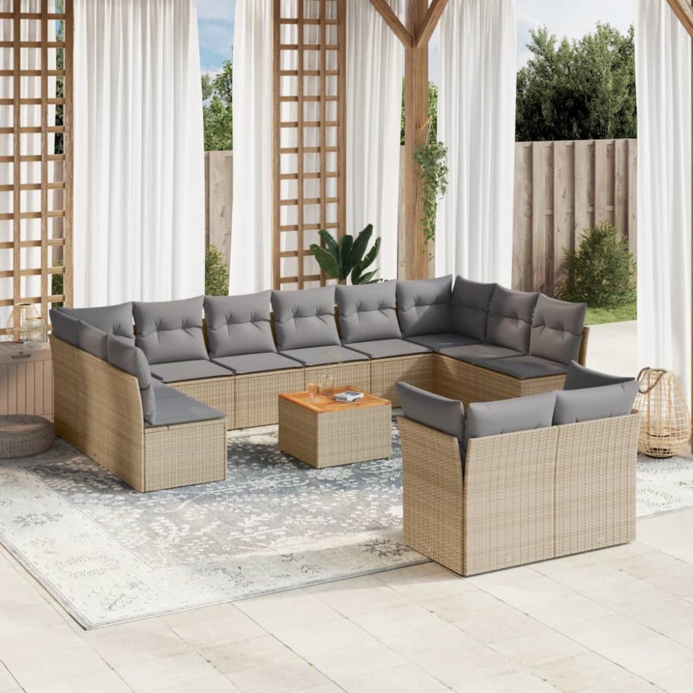 vidaXL Soffgrupp för trädgården med dynor 13 delar beige konstrotting
