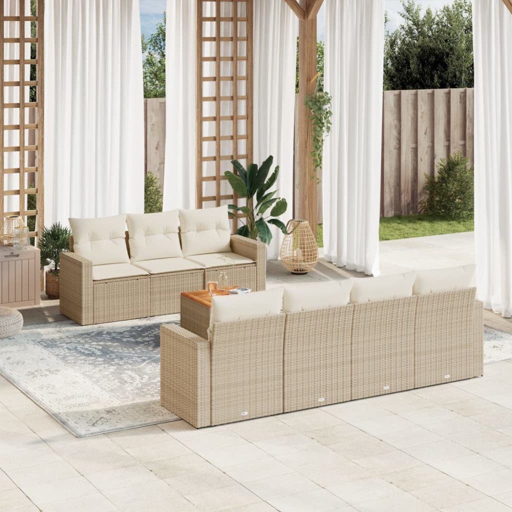 vidaXL Matgrupp för trädgården med dynor 8 delar beige konstrotting