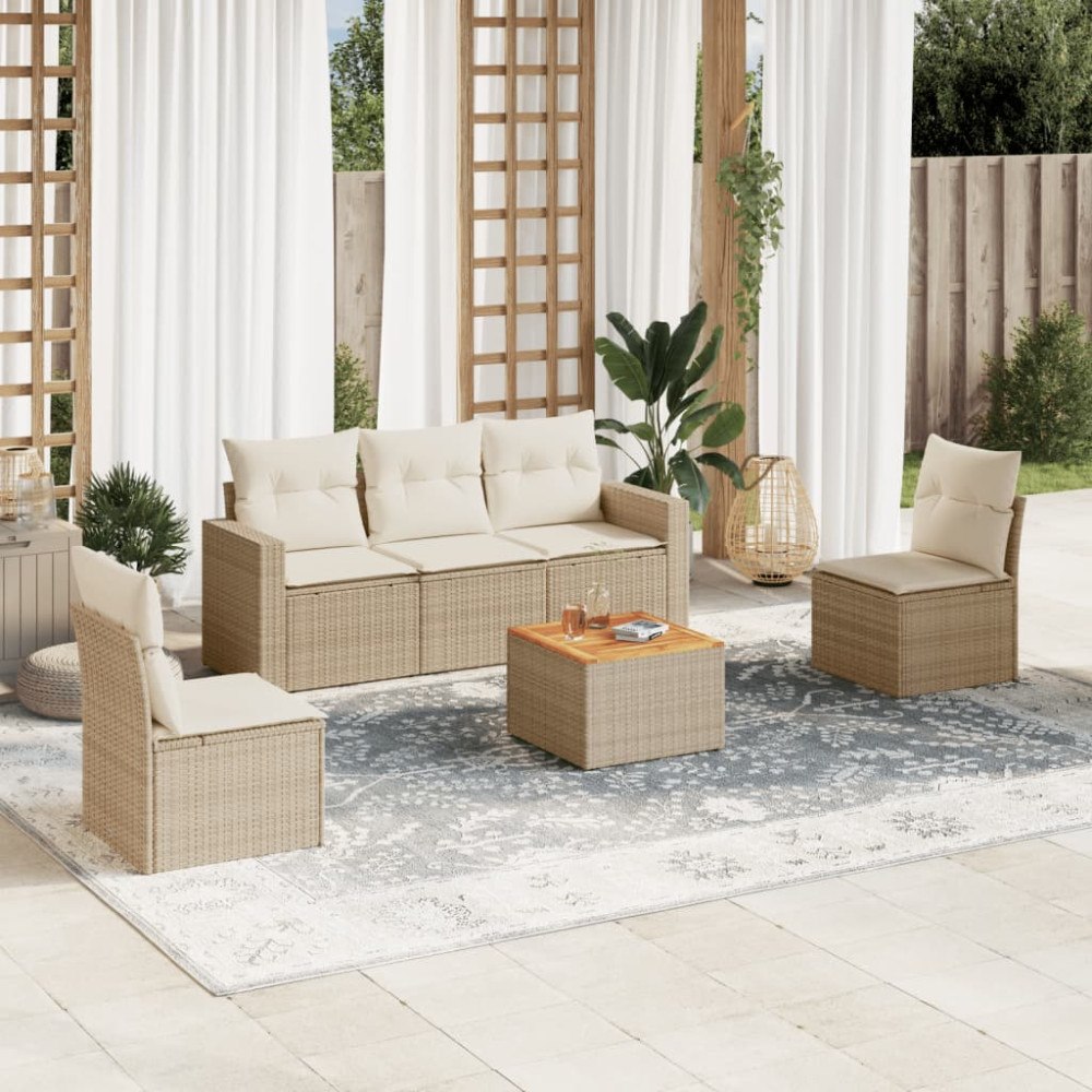 vidaXL Soffgrupp för trädgården med dynor 6 delar beige konstrotting