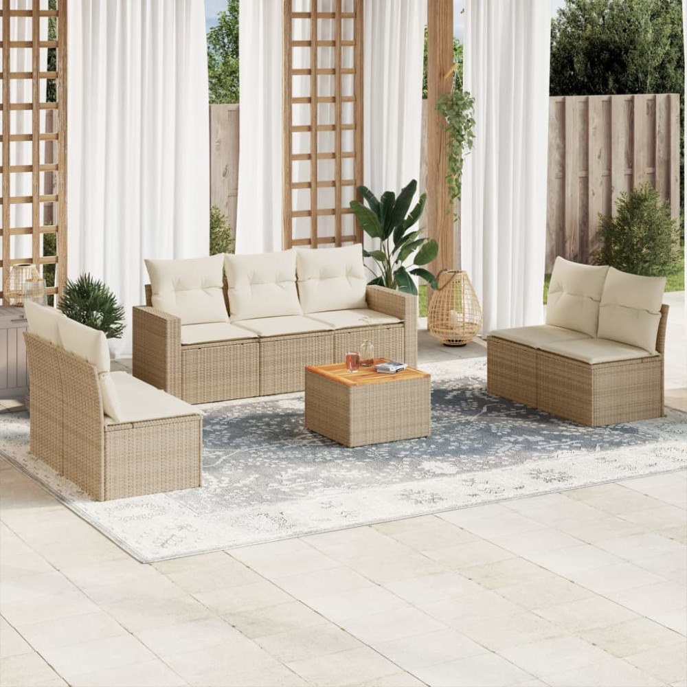 vidaXL Matgrupp för trädgården med dynor 8 delar beige konstrotting