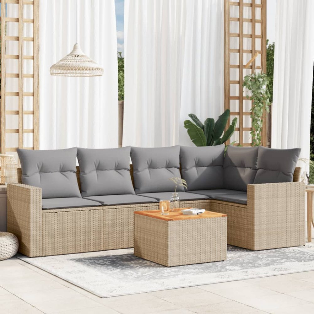 vidaXL Soffgrupp för trädgården med dynor 6 delar beige konstrotting